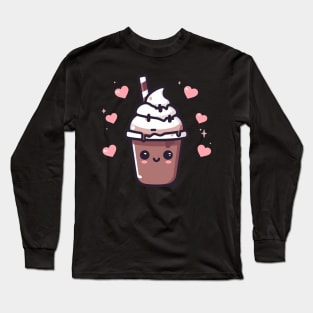 Kawaii Chocolate Ice Cream Milkshake with Hearts | Design for Kawaii Food Lovers Long Sleeve T-Shirt